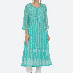 KHAKA Ethnic Motifs Embroidered U-Neck Georgette Panelled Chikankari Kurta With Trouser-56
