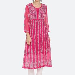 KHAKA Floral Embroidered Flared Georgette Chikankari A-Line Kurta With Trouser-image-27