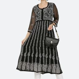 KHAKA Floral Embroidered Flared Georgette Anarkali Chikankari Kurta With Trouser-image-17