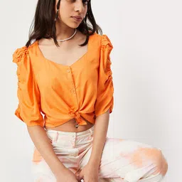 max Girls V-Neck Ruched Sleeves Tie-Ups Crop Top-image-16