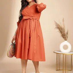 Janasya Plus Size Fit & Flare Tie-Ups Cotton Midi Dress-52