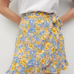 MANGO Blue & Yellow Floral Printed Sustainable Mini Wrap Skirt-image-74