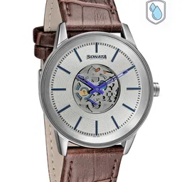 Sonata Men Silver-Toned Brass Skeleton Dial & Brown Leather Straps Analogue Watch 7133SL01-12