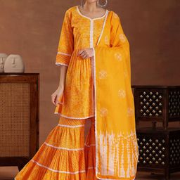 Libas Mustard Bandhani Printed Pleated Pure Cotton Kurti with Sharara & Dupatta-18