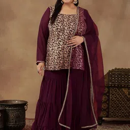 INDDUS PLUS Floral Embroidered Regular Sequinned Straight Kurti with Sharara & Dupatta-26