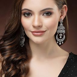 DressBerry White Rhodium-Plated American Diamond Contemporary Chandbalis Earrings-image-29