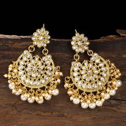 Zaveri Pearls Gold-Toned Kundan & Pearl Embellished Contemporary Drop Earrings-image-55