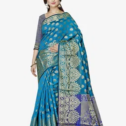 Indian Fashionista Green & Blue Woven Design Zari Art Silk Banarasi Saree-picture-0