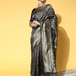 anouk rustic Anouk Navy Blue & Gold-Toned Ethnic Motifs Zari Silk Blend Banarasi Saree-picture-9