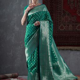 Mitera Sea Green & Gold-Toned Ethnic Motifs Woven Design Zari Silk Blend Banarasi Saree-image-62