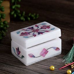 Aapno Rajasthan Marquetry Inlay Pink & White Floral Printed Marble Jewellery Organiser-image-51