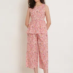 KALINI Floral Printed Pure Cotton Peplum Top With Trouser-picture-33