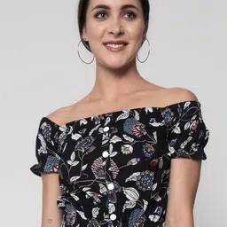 SEVEN FLOWER Floral Print Off-Shoulder Puff Sleeve Cotton Bardot Crop Top-image-99