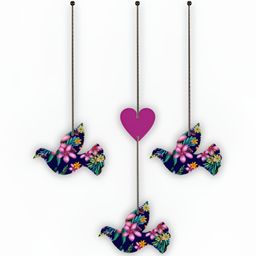 CVANU 3 Pieces Blue & Pink Floral Painted Bird Shape Wooden Wall Hangings-picture-7