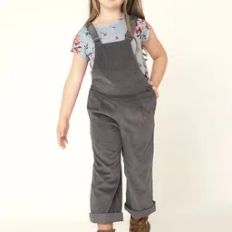 Cherry Crumble Girls Charcoal Grey Solid Flared Fit Cotton Corduroy Dungarees-image-13