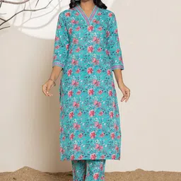 Yufta Women Floral Printed Regular Sequinned Pure Cotton Kurta with Trousers-1