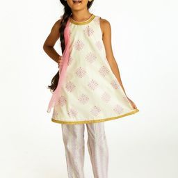 Campana Girls White Floral Gotta Patti Pure Cotton Kurti with Pyjamas-image-92