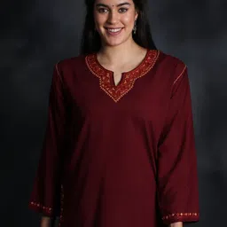 Exotic India Ethnic Motifs Embroidered V-Neck Thread Work Pure Cotton Kurti-picture-16