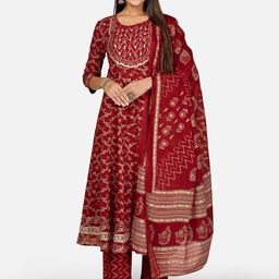 KALINI Women Red Ethnic Motifs Embroidered Layered Thread Work Pure Cotton Kurta Trouser Set With Dupatta-picture-9
