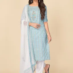 KALINI Women Blue Ethnic Motifs Embroidered Thread Work Pure Cotton Kurti with Trousers & With Dupatta-image-36