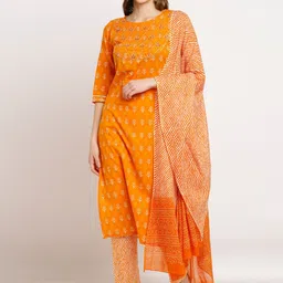 Rajnandini Women Orange & White Floral Printed Pure Cotton Kurta with Trousers & Dupatta-image-78