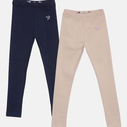 TWIN BIRDS Girls Pack Of 2 Navy Blue & Beige Tailored-Fit Pure Cotton Leggings-image-62