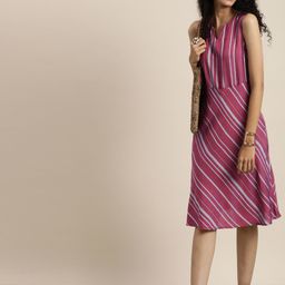 Taavi Pink & Blue Striped Woven Legacy Fit & Flare Sustainable Pure Cotton Dress with Pockets-image-12