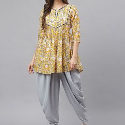 Stylum Women Mustard Yellow & Grey Ethnic Motifs Printed Pure Cotton Kurti with Dhoti Pant-53