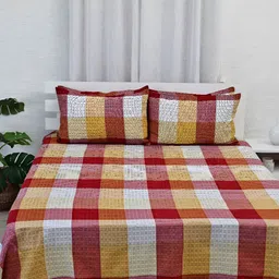 Ariana Red & Yellow 3 Pieces Checked 240 TC Pure Cotton Double Queen Bed Covers-image-73