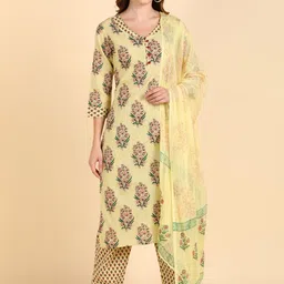 VEDANA Women Cream-Coloured Floral Embroidered Panelled Pure Cotton Kurti with Patiala & With Dupatta-24