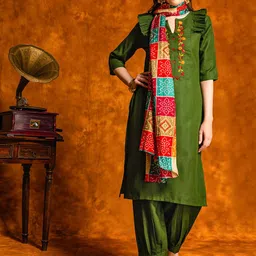 KALINI Floral Embroidered Ruffled Pure Cotton Kurta With Patiala & Dupatta-image-61