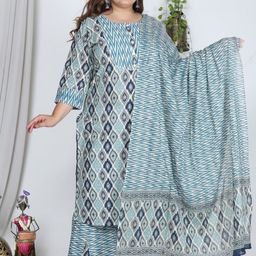 Swasti Ethnic Motifs Printed Sequinned Pure Cotton Kurta with Trousers & Dupatta-image-86