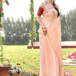 Saree mall Peach-Coloured Striped Beads and Stones Poly Crepe Sarees-picture-14