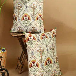 SHADES of LIFE Cream-Coloured & Green Set of 2 Embroidered Square Cushion Covers-15