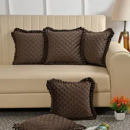 HOSTA HOMES Brown & Cream-Coloured 5-Pieces Checked Velvet Square Cushion Covers-image-8