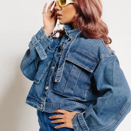 FREAKINS Spread Collar Oversized Pockets Crop Cotton Denim Jacket-46