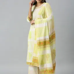 SHOWOFF Women Yellow Printed Kurta with Palazzos & With Dupatta-picture-32
