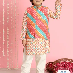 Readiprint Fashions Boys Floral Printed Band Collar Pure Silk Kurta Set With Jacket-26