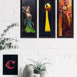 eCraftIndia Set of 3 Black & Orange Tribal Lady Satin Matt Texture UV Wall Art-20