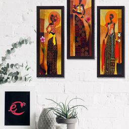 eCraftIndia Set Of 3 Orange & Black Tribal Lady Satin Matt Texture UV Wall Art-image-29