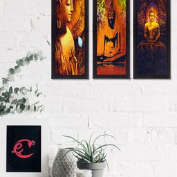 eCraftIndia Set Of 3 Brown & Orange Lord Buddha Satin Matt Texture UV Wall Arts-5