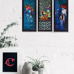 eCraftIndia Set Of 3 Blue & Green Radha Krishna Satin Matt Texture UV Wall Art-3