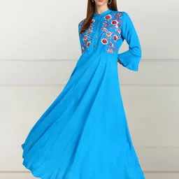shashvi Turquoise Blue & Red Floral Embroidered Thread Work Thread Work Anarkali Kurti-4