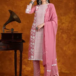 HERE&NOW Floral Embroidered Thread Work Kurta with Trousers & Dupatta-0