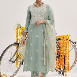Varanga Sea Green Floral Embroidered Thread Work Straight Kurta With Trousers & Dupatta-picture-33