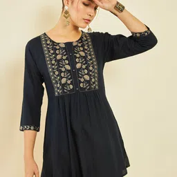 Soch Floral Print Round Neck Three-Quarter Sleeves Pleated Tunic-image-33