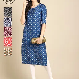 7Threads Women Pack Of 6 Blue & Black Printed Crepe Kurta-image-46