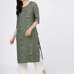 KETCH Women Olive Green Floral Embroidered Flared Sleeves Thread Work Kurta-26