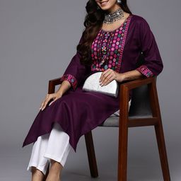 Anouk Geometric Checked Keyhole Neck Flared Sleeves Thread Work Kurta-image-18