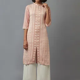 W Women Pink Geometric Striped Keyhole Neck Flared Sleeves Thread Work Kurta-image-50